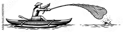 asian fisherman casting net from a boat vintage sketch vector