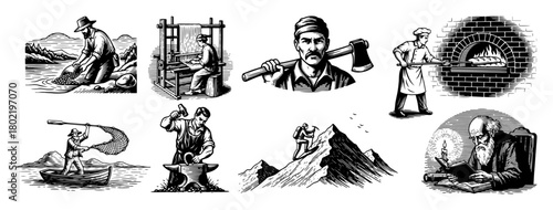 vintage professions and crafts engraving style illustration set