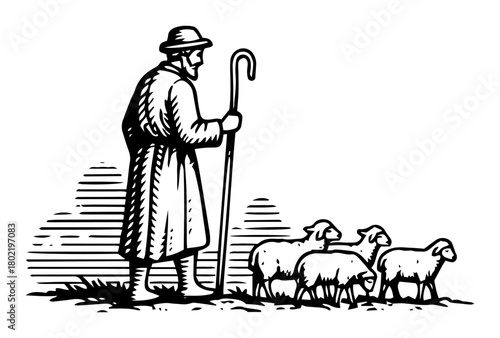 shepherd with his flock of sheep vintage woodcut illustration vector