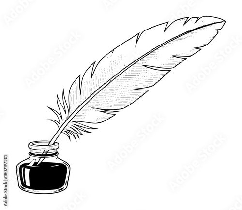 vintage quill pen and inkwell sketch vector