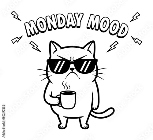 monday mood grumpy cat with coffee cartoon vector