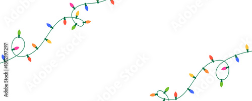 Christmas color light string garland frame. Holiday bright decoration. New Year luxury string baubles. Celebration party background. Fairy glowing bulb. Led neon lamp banner. Vector illustration