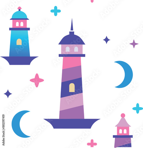 Dreamlike lighthouse world pattern with surreal glow