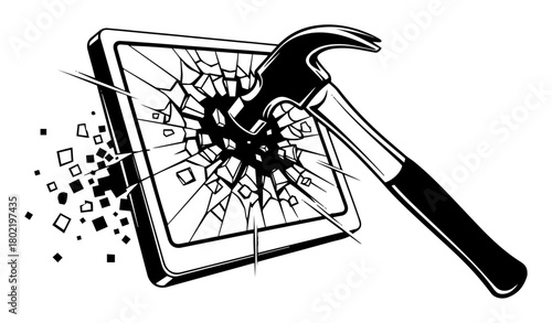 hammer smashing tablet screen digital detox concept vector