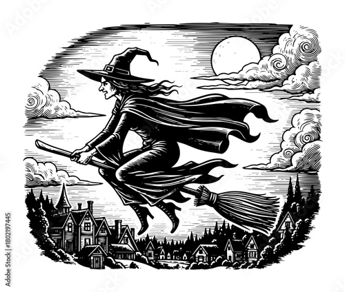 witch flying on broomstick halloween night sketch