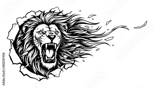 roaring lion head breaking through wall tattoo vector