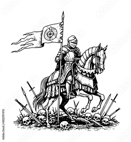 medieval knight on horseback over skulls vintage sketch