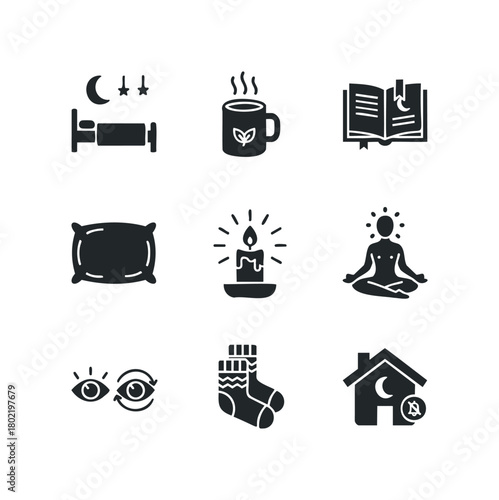 Cozy relaxation and sleep icons with moon and stars