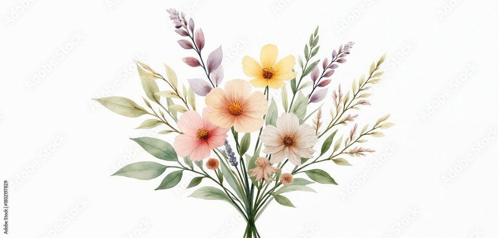 Fototapeta premium Watercolor illustration of wildflower bouquet isolated on plain white background. Elegant floral arrangement with colorful pastel flowers, fresh green leaves. Delicate botanical drawing beautiful