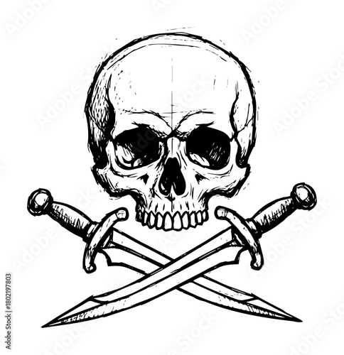 skull with crossed swords pirate logo sketch vector black shape