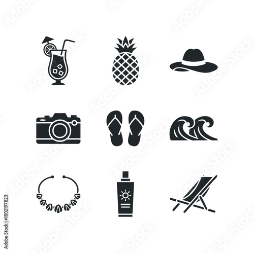 Set of vacation icons including drink, pineapple, hat, camera, flip flops, waves, necklace, sunblock, and lounge chair