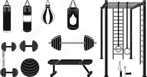 Vector illustration of gym equipment, workout training set, punching bag, barbell, dumbbell, bench, gymnastic rings, sports ladder frame, fitness ball, silhouette icon, black flat fitness design