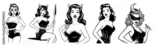 sexy vintage pinup girl fantasy costume characters set engraving vector black shape sketch