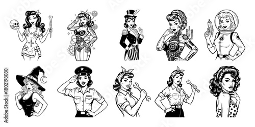 vintage pinup girl characters in various costumes set engraving vector black shape sketch