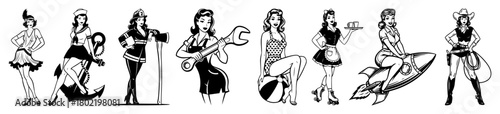 big set of retro pinup girl characters in various professions engraving vector black shape sketch