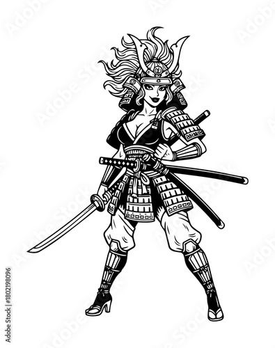 sexy female samurai warrior woman with katana armor engraving vector black shape sketch