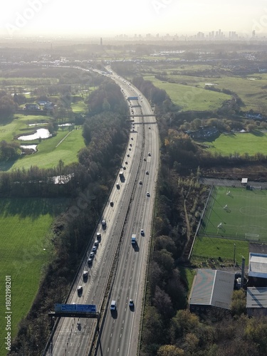 Aerial view of busy traffic on a motorway in greater Manchester  with lane closures. Bury Manchester England. 