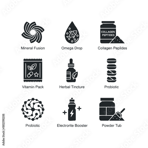 Health supplement icons including vitamins and minerals