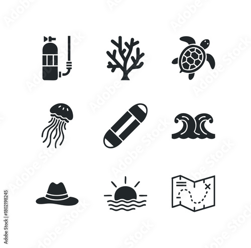 Ocean and adventure icons set with turtle and treasure map