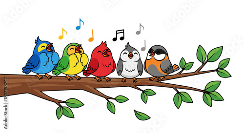 Five Happy Cartoon Birds Singing on Tree Branch for Spring Children's Music Education Design