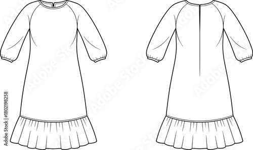 Technical sketch of women's puff sleeve dress, front and back view, fashion design template, pleated hem illustration, garment vector drawing, clothing layout
