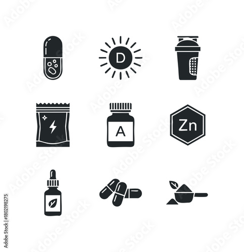 Health supplement icons for vitamins, minerals, and powders