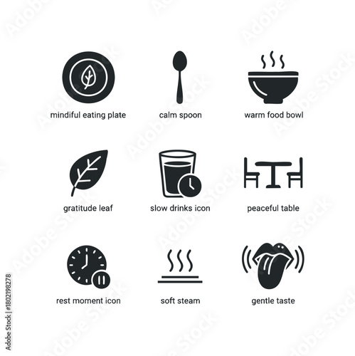Set of icons for mindful eating and relaxation