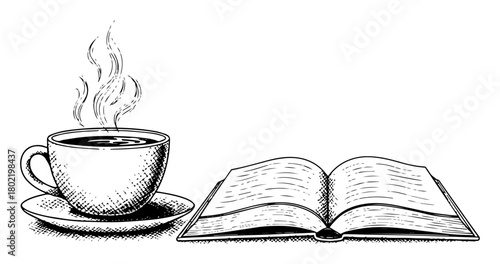 cozy coffee cup and open book sketch vector black shape