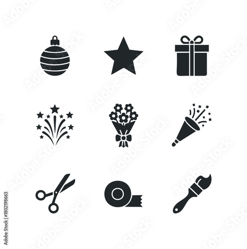Celebration icons present gift party popper fireworks bouquet star ornament