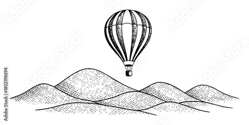 hot air balloon over hills landscape sketch vector black shape