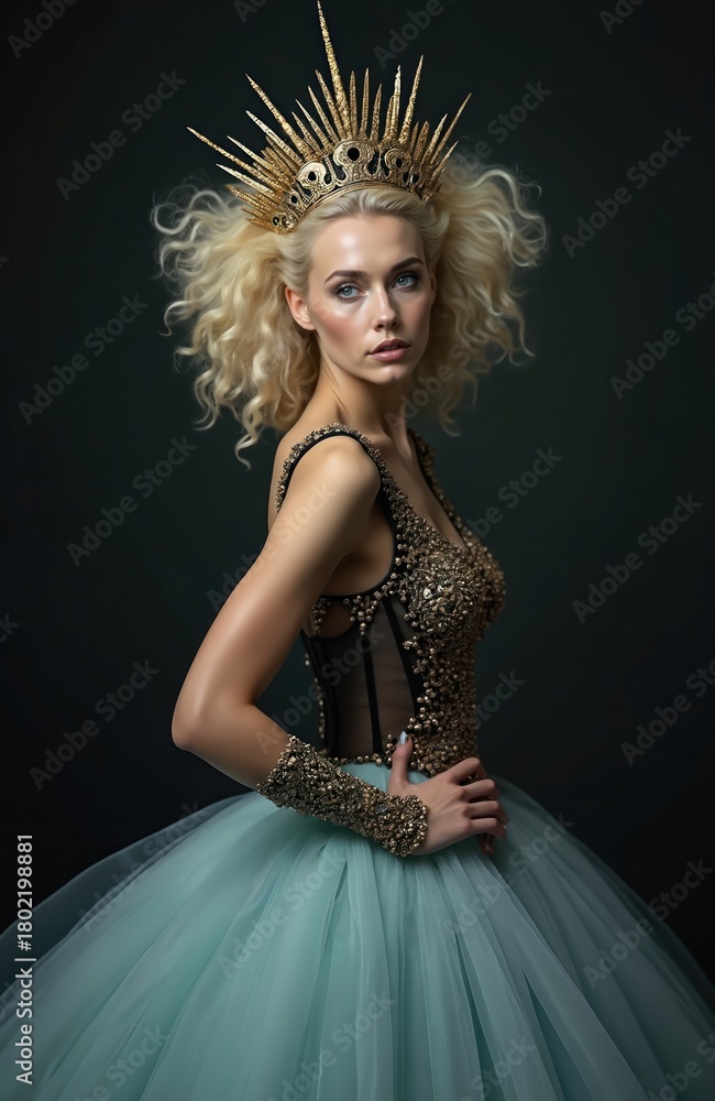 Naklejka premium Blonde woman wears gold crown and beaded gown. She poses with elegant flair in a studio setting. Her pose suggests royalty and fairy tale enchantment, creating a majestic atmosphere.