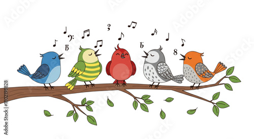 Five Colorful Cartoon Birds Singing Together on a Branch for Spring Music Education or Children's Media