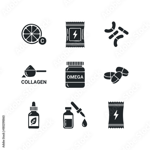 Collagen Omega Vitamin C Supplements and Probiotics Icons