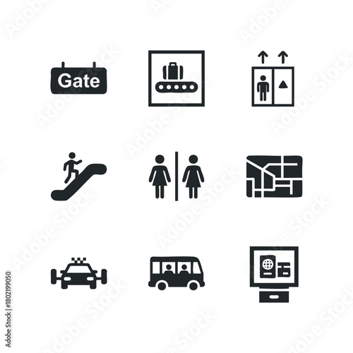 Travel icons set showing transportation and facilities