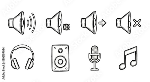 Hand-drawn audio icons set featuring speaker, headphones, microphone, and music note