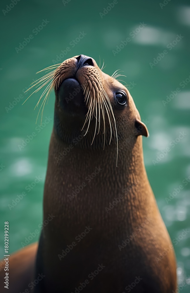 Obraz premium Sea lion portrait with head up. Cute marine mammal looks out of water. Wild animal with wet brown fur, whiskers swims in green ocean. Close up of pinniped creature in natural habitat enjoying sea