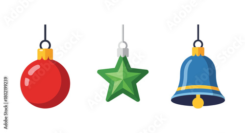 Festive holiday decorations with red ball, green star, and blue bell hanging on strings