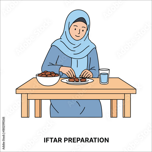Muslim woman in hijab preparing Iftar with dates and water at a table vector illustration