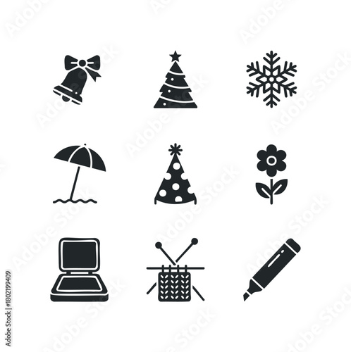 Collection of nine distinct holiday and hobby icons