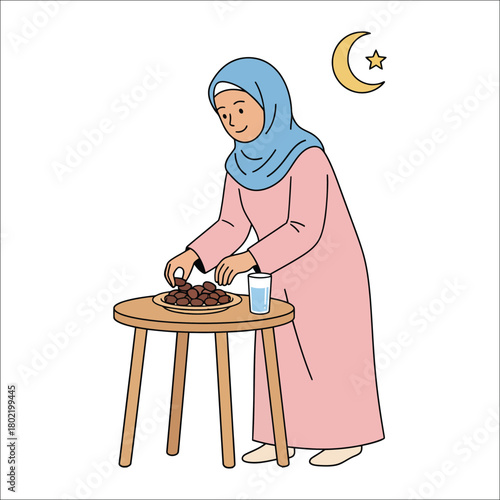 Muslim woman in hijab picking dates from a plate with a crescent moon and star above