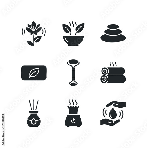 Spa wellness icons collection with essential oil diffuser