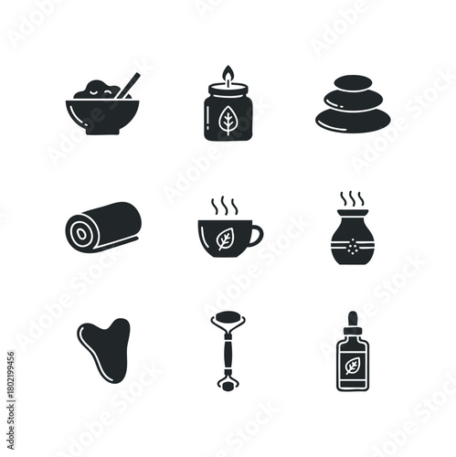 Spa and wellness icons including skincare tools and relaxation items
