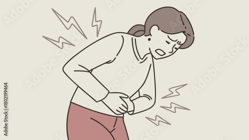 Woman experiencing abdominal pain with hands on stomach and back pain with lightning bolts around her