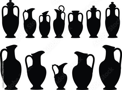 Vector illustration of vintage jug pitcher vase silhouettes, antique pottery shapes set, elegant water containers, classical design, old ceramic vessel icons, home decor art, flat graphic style