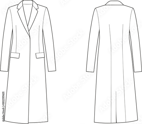 Technical sketch of women's long coat, front and back view, fashion design template, notched lapel illustration, garment vector drawing, outerwear layout