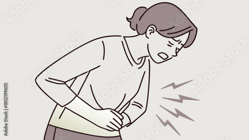 Illustration of a woman experiencing abdominal pain with hand on stomach and pain symbol around area