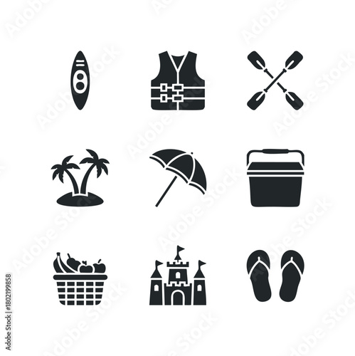 Summer vacation icons including kayak, life vest, paddles, island, umbrella, cooler, fruit, castle, and sandals