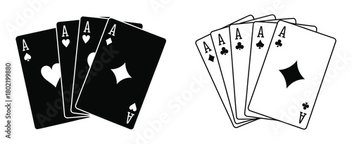 Set of playing card vector icons, gambling game, four card, black outline icons, perfect for casino graphics, poker tutorials, card game designs
