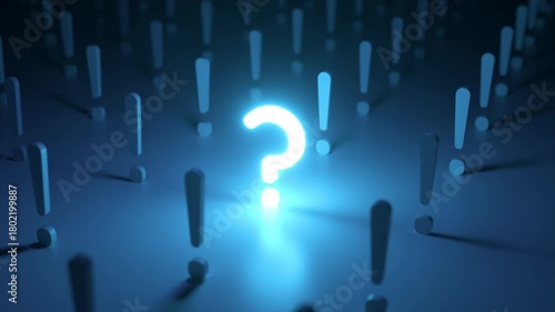 Glowing blue question mark standing out in a crowd of exclamation points on a dark background, representing the concept of doubt, curiosity, and the search for answers and solutions