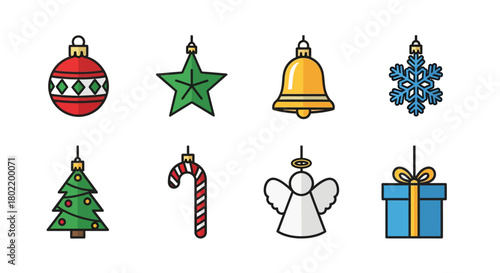 Festive holiday icons: christmas ornaments and decorations